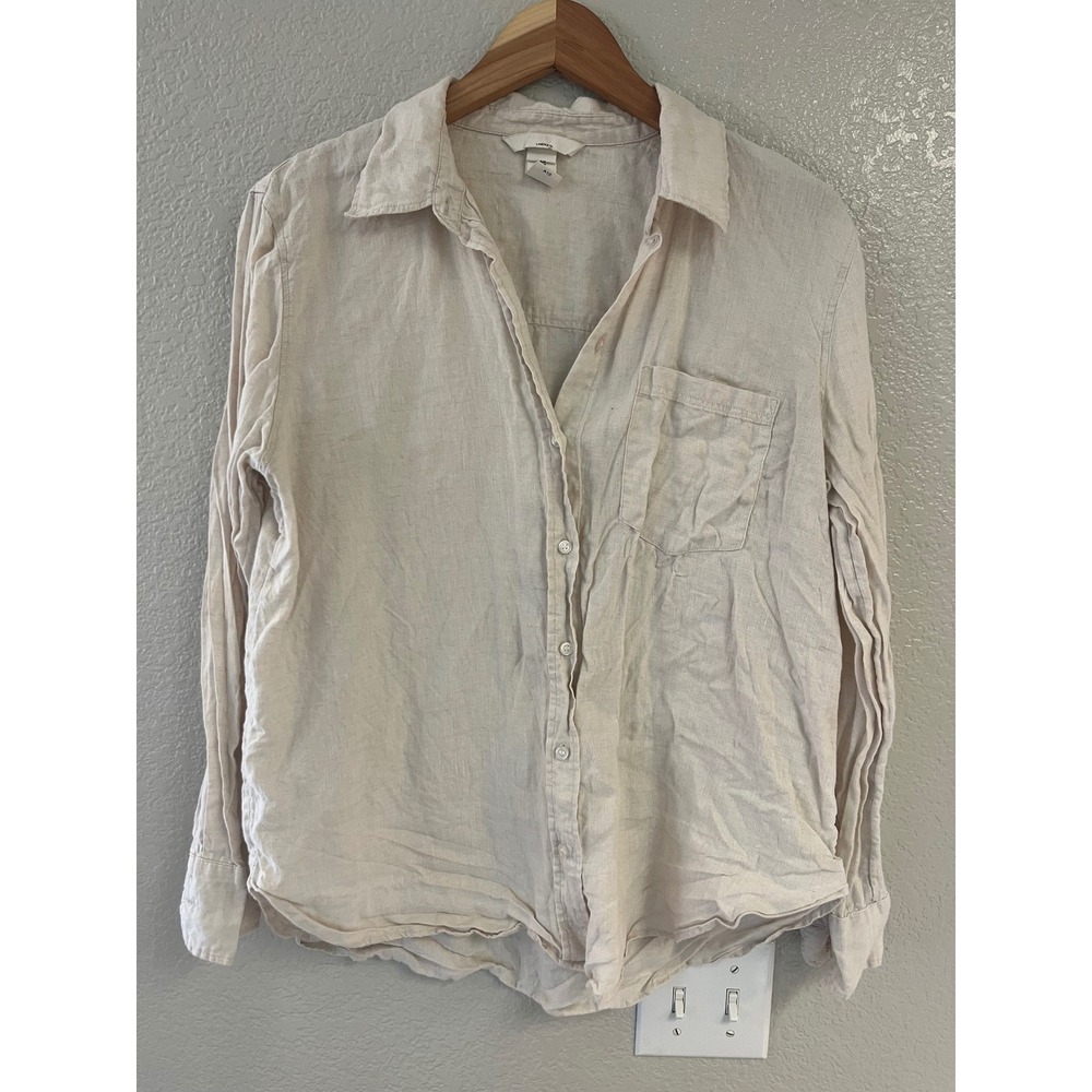 HM Premium Selection 100% Linen Button Down Shirt Beige Oatmeal Women's Medium